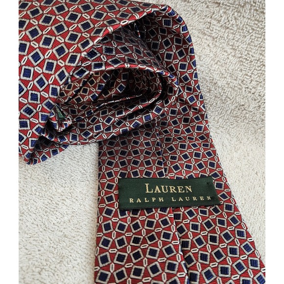 Lauren Ralph Lauren Tie Red Blue Silver Geometric LRL‎ Green Label Designer Mens - Picture 2 of 7